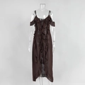 Detail of ruffle layers and semi-transparent brown chiffon fabric on V-neck summer dress - S / Brown