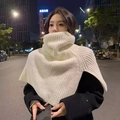 Winter chunky white knit beanie scarf featuring a warm thick turtleneck and teddy bear style - Split Shawl-Beige