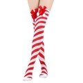 Detail of over-knee Christmas socks with red and white stripes and large silk bows - One Size / Red and White Diagonal Stripes/Red Pom-pom