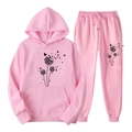 Ensemble jogging en polaire rose avec imprimé papillon pissenlit et sweat à capuche femme - S / Haut Et Bas / Rose (Style 4)