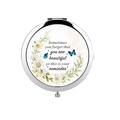 Silver compact makeup mirror with floral butterfly design and motivational quote - Daisy Butterfly Reminder