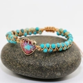 Bohemian braided turquoise bead bracelet with gold-edged heart stone on pebble - Style B-Sky Blue Turquoise