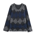 Maglione da donna con scollo a V, motivo a rombi tricolore e sottili paillettes lucide - S / Rombo Blu Grigio
