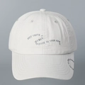Detail of white cotton baseball cap showing gray embroidered English letters and stitching - M(56-58cm) / Light Gray