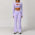 Light purple two-piece yoga set with cutout long sleeve top and flared leggings - XL / Top And Bottom / Long Sleeve + Flare Pants / Lilac Purple