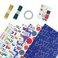 Birthday wrapping paper set with colorful cupcake patterns, golden ribbons, and heart stickers - Set 1