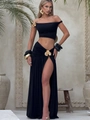 Chic black two-piece set with one-shoulder crop top and high-slit long skirt with gold flowers - S / Black