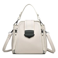 Chic beige soft leather handbag with V-shaped stitching and gold-tone geometric lock - White