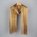 Elegant gold metallic thread scarf with fine fringe tassels on a wooden hanger - Camel Gold
