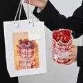 Red soap rose bouquet with LED lights in a white gift bag with cutout window - With Preserved Plants (No Bag/Light) / Red