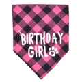 Pink and black buffalo check pet birthday girl bandana with white paw print graphics - Rolled Edge Plaid Bandana / Pink