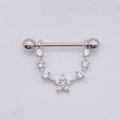 Macro detail of U-shaped stainless steel nipple ring with sparkling star zircon chain - Steel - Star Zircon Chain