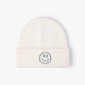 Off-white winter beanie with embroidered smiley face detail and folded cuff design - One Size / Cream