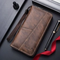 Portafoglio lungo da uomo in pelle marrone vintage con cuciture e cinturino intrecciato - Caffè Scuro