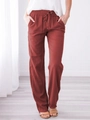 Dames casual katoen linnen broek met wijde pijpen in dieproest rood met trekkoord - S / Bordeauxrood