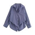 Women's loose blue and white vertical striped poplin shirt with irregular layered hemline - XS / Blue Thin Stripe