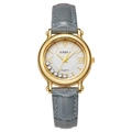 Elegant gold quartz watch for women with gray leather strap and floating crystals - Light Blue