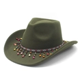 Close-up of olive green western cowboy hat with colorful ethnic beaded decorative band - M (56-58cm) / Army Green