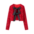 Sparkly red sequin bolero with black satin bows on white background - XS / Tops / Red
