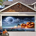 Halloween garage door banner with glowing pumpkins, bats, and round welcome cat sign - Ws0107 / 1 Meter Long X 0.7 Meters High (polyester)
