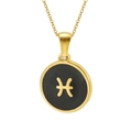 Collier signe du zodiaque Poissons doré 18K avec pendentif rond en émail noir et chaîne - Poissons