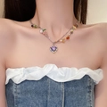 Fashionable seed bead necklace with a purple heart gemstone pendant for women - Colorful Rhinestone Heart Patchwork Style