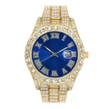 Close-up of luxury gold iced-out watch with blue dial and roman numeral markers - Gold Case Blue Dial