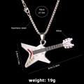 Silver guitar necklace with red enamel detail and size specs on a black background - Guitar No.52 + 70cm Steel Chain