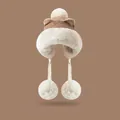 Winter plush trapper hat with cute ears and pompoms in beige and brown colors - Adjustable / Khaki