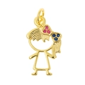 Golden girl-shaped hollow pendant featuring pink and blue gemstone bow accents - Girl Shape (P30-8)
