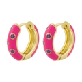 Sweet rose red enamel hoop earrings with purple flower pattern in 18K gold plated copper - 1 Pair / Rose Red