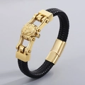 Men's braided leather bracelet featuring a golden lion head clasp and magnetic buckle - Gold Lion Head (KB114906-KFC)