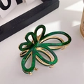 Elegant emerald green marbled acetate hair claw clip with hollow floral design and gold metal teeth - Large-9cm / Dark Green