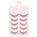 Five pairs of natural black false eyelashes displayed on a pink plastic tray base - X001 Model - 5 Pairs