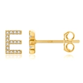 Macro shot of gold-plated S925 sterling silver letter E stud earrings with cubic zirconia - Gold E