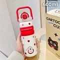 White 600ml cartoon rabbit insulated bottle with red handle and straw lid - Red-Cherry Rabbit
