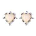 Minimalist heart-shaped opal stud earrings in silver-tone setting with CZ accents - Heart Shaped Opal Earrings (Silver White)