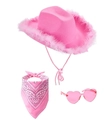 Set cappello da cowboy rosa con piume, occhiali a cuore e bandana con motivo paisley - Set 3 Pezzi Bordo Piume Rosa