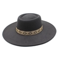 Dark grey wide brim wool felt hat with vintage embroidered band and flat top crown - M (56-58cm) / Dark Gray