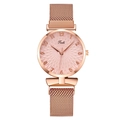 Detailed view of women's rose gold watch with pink sunflower dial and mesh strap - Pink