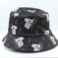 Detail of cartoon koala and leaf print on black reversible bucket hat fabric - 18# Black Koala Leaves Print