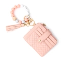 Pink woven leather card wallet with silicone beaded wristlet and tassel keychain - Pink