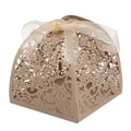 Beige laser-cut hollow floral wedding favor box with a matching ribbon bow - Beige Gold