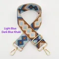 Detail of blue and khaki geometric diamond pattern embroidered woven shoulder strap - Gold Buckle / 2-Light Blue Dark Blue Khaki