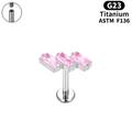 Stud en titane G23 avec trois zircons roses rectangulaires et filetage interne lisse - 1.0*5mm / Zircon Rose