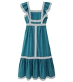 Vestido sin mangas de rayas verdes y azules con volantes y ribete de cuadros negros - S / Cuadros Verdes