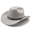 Detailed view of grey suede cowboy hat featuring a black leather band and retro stitching - M (56-58cm) / Light Grey (Suede)