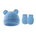 Close-up of baby beanie with round ears and matching anti-scratch mittens in soft blue - Hat And Gloves / Sky Blue