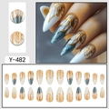 Faux ongles amande blancs et gris avec motifs de plumes dorées en relief Y-482 - Type à Colle / Design Plume Relief Or Œil de Chat (Y-482)