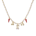 Detail of red chili and gold cherry pendants on a pearl beaded necklace chain - Gold Smooth Pearl Cherry & Red Chili Necklace